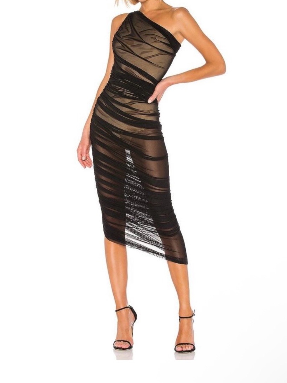 Norma Kamali Black One-Shoulder Sheer Ruched Midi Dress
